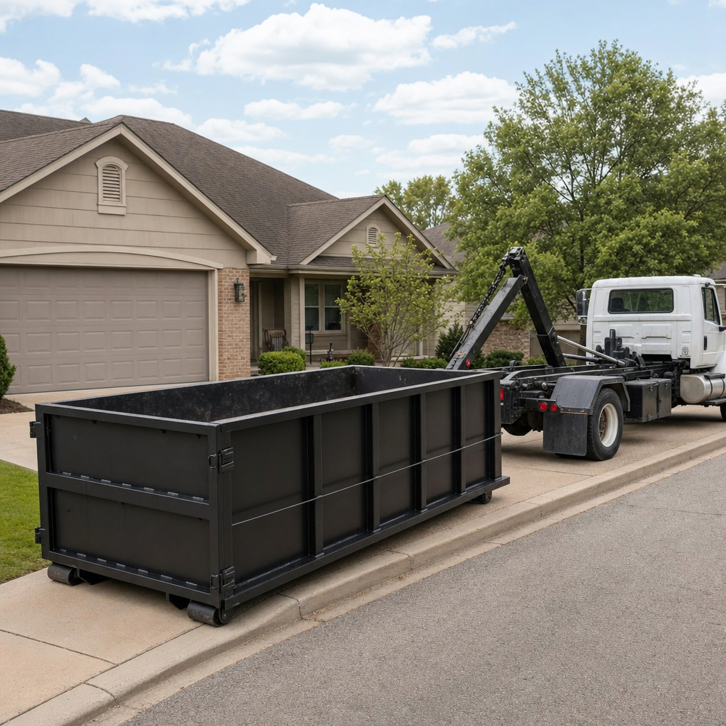 Wide documentary shot of a matte-black roll-off dumpster on a Oklahoma City residential driveway in the foreground and a contractor jobsite container in the soft-focus background, bright daylight, calm and orderly composition.