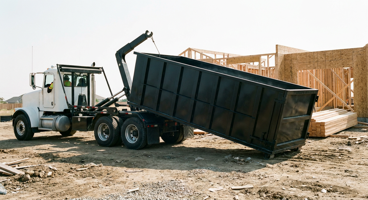 Matte-black roll-off dumpster being delivered onto a clean residential concrete driveway in Oklahoma City by an unmarked white hooklift hauler truck, bright morning daylight, documentary 35mm perspective.